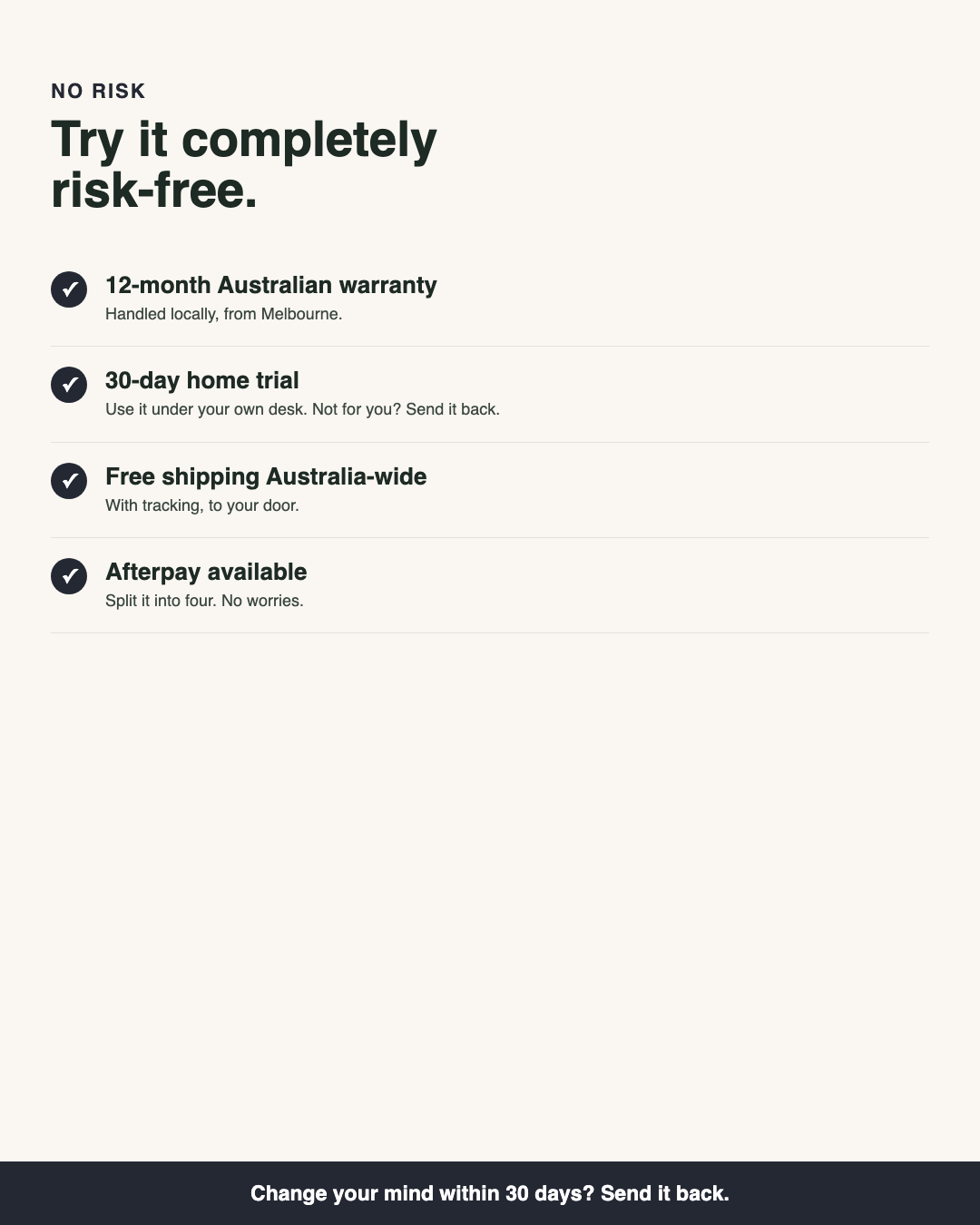 Try it risk-free — warranty, trial, shipping, Afterpay