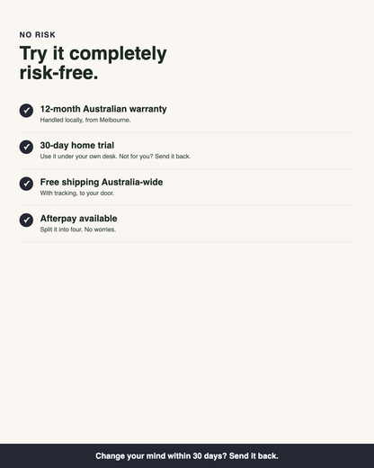 Try it risk-free — warranty, trial, shipping, Afterpay