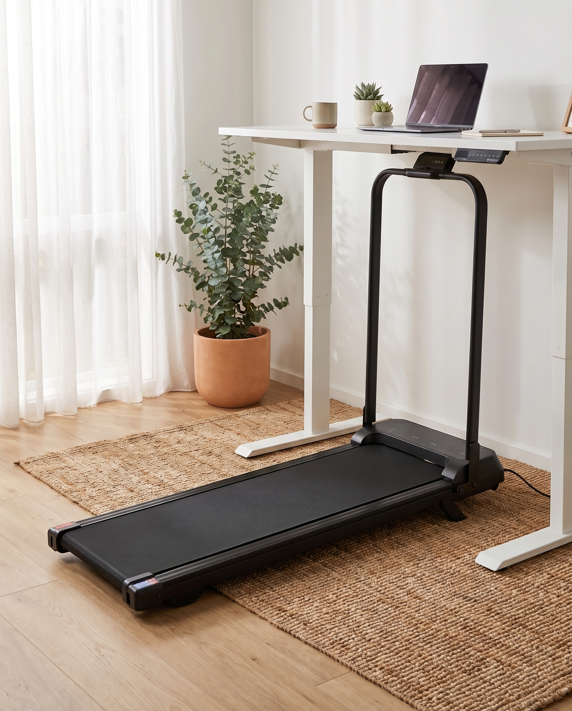 The Aus Walking Pad under a standing desk, handle bar up, side profile